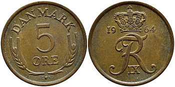 ДАНИЯ 5 ЭРЕ 1964 C; S, ФРЕДЕРИК IX (1947-1972) KM 848.1 бронза 4398-846