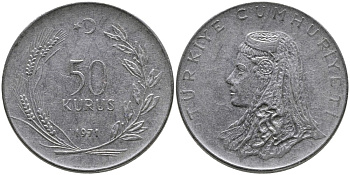 Турция 50 курушей 1971 Анатолийская невеста KM 899 нержавеющая сталь 4541-714