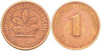 ФРГ 1 ПФЕННИГ 1975 J KM 105, J.380 сталь плакированная медью 4396-1525