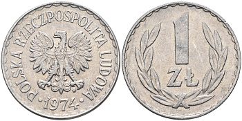 Польша 1 злотый 1974 MW, Народная Республика KM 49.1, Parchimowicz 213k алюминий 3336-944