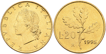 Италия 20 лир 1995 R, дубовый лист KM 97.2 алюминиевая бронза  UNC  4594-1011