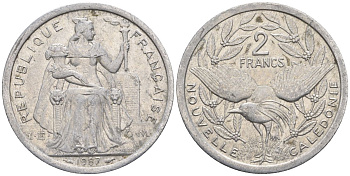 Французская Новая Каледония 2 франка 1987 птица кагу, (IEOM) KM 14, Schoen 11, Lec 64 алюминий    08-1211