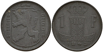 Бельгия 1 франк 1945 Belgie - Belgique, Леопольд III (1934-1947), германская оккупация, Вторая мировая война KM 128 цинк 4161-613