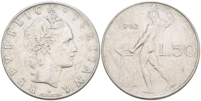 ИТАЛИЯ 50 ЛИР 1962 R, БОГ ОГНЯ ВУЛКАН У НАКОВАЛЬНИ KM 95.1 нержавеющая сталь 216-241