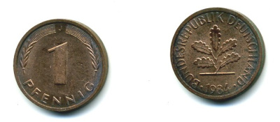 ФРГ 1 ПФЕННИГ 1984 J KM 105, J.380 сталь плакированная медью 46-1752