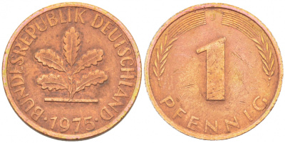 ФРГ 1 ПФЕННИГ 1975 J KM 105, J.380 сталь плакированная медью 4396-1525