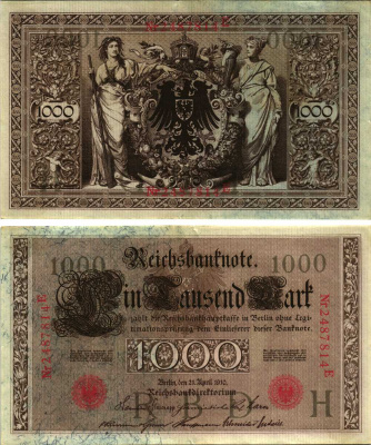 ГЕРМАНИЯ 1000 МАРОК 1910 21 АПРЕЛЯ 1910, СЕМИЗНАЧНЫЙ НОМЕР, СЕРИЯ E Pick 44b бумага 8610-27-1