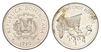 Доминиканы (Доминиканская Республика) 25 сентаво 1990 KM 71.2 сталь плакированная никелем 4646-226