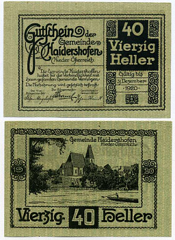 Австрия, Хайдерсхофен 40 геллеров 1920 31 декабря 1920, нотгельд, коммуна в земле Нижняя Австрия   бумага  UNC (пресс) 7221-28-1-2