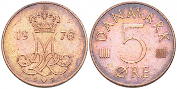 Дания 5 эре 1976 S; B, Маргрете II (1972- ) KM 859.1 железо плакированное медью 3996-1047