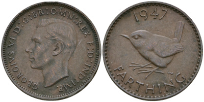 Великобритания 1 фартинг 1947 Георг VI (1936-1952) KM 843, Spink 4116 бронза 08-1438