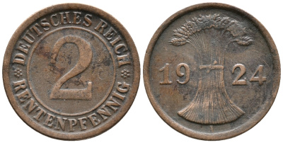 ГЕРМАНИЯ 2 РЕНТЕНПФЕННИГА 1924 A KM 31, J. 307 бронза 24-527