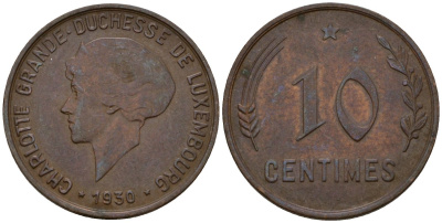 Люксембург 10 сантимов 1930 Шарлотта (1918-1964) KM 41 бронза 4577-645
