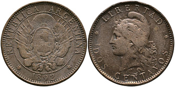 Аргентина 2 сентаво 1892 голова свободы влево KM 8 бронза 4531-1125