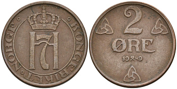 Норвегия 2 эре 1949 Хокон VII (1905-1957) KM 371 бронза 4573-714