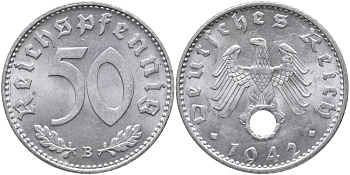 Германия 50 рейхспфеннигов 1942 B KM 96, J. 372 алюминий UNC 413-4033