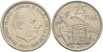 ИСПАНИЯ 25 ПЕСЕТ 1957 (69) ФРАНСИСКО ФРАНКО ДИКТАТОР ИСПАНИИ (1939-1975) KM 787 медно-никель 4551-956