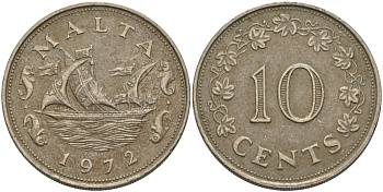 Мальта 10 центов 1972 баржа Великого магистра KM 11 медно-никель 82-344