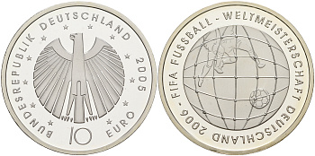 ФРГ 10 евро 2005 чемпионат мира по футболу 2006 года в Германии, вторая монета KM 243, DE.S. 10.18 серебро PROOF 1076-3-62