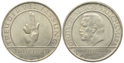 Германия 3 марки 1929 F, 10 лет Веймарской Конституции, цена по каталогу МТ 100 евро J. 340, KM 63 серебро UNC 413-6124