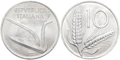 Италия 10 лир 1955 R, КОЛОС, плуг KM 93 алюминий 4519-932