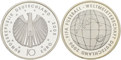 ФРГ 10 евро 2005 чемпионат мира по футболу 2006 года в Германии, вторая монета KM 243, DE.S. 10.18 серебро PROOF 1076-3-62