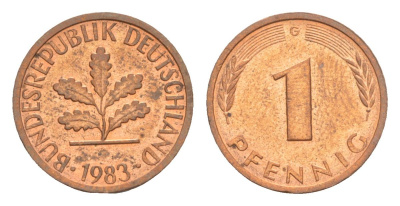 ФРГ 1 пфенниг 1983 G KM 105, J.380 сталь плакированная медью aUNC 4630-1138