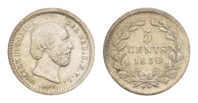 Нидерланды 5 центов 1850 Виллем III (1849-1890) KM 91 серебро 4659-215