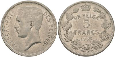 Бельгия 5 франков 1932 Belges, Альберт I (1909-1934) KM 97 никель 4157-1126
