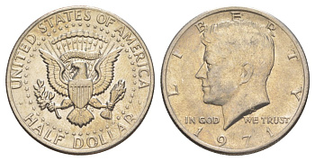 США 1/2 доллара (50 центов) 1971 Джон Кеннеди KM 202b медь плакированная медно-никелем aUNC 4131-1115