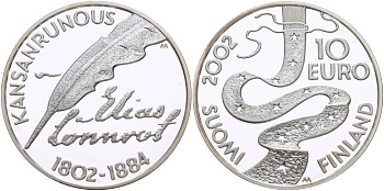 Финляндия 10 евро 2002 Элиас Леннрот, лингвист KM 108 серебро PROOF 1084-9-23