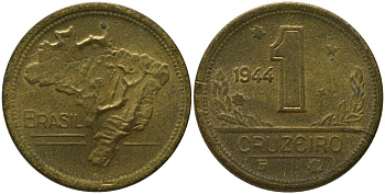 Бразилия 1 крузейро 1944 KM 558 алюминиевая бронза 4577-233