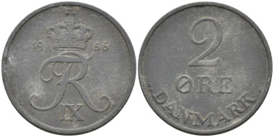 Дания 2 эре 1956 C;S, Фредерик IX (1947-1972) KM 840.2 цинк 190-945