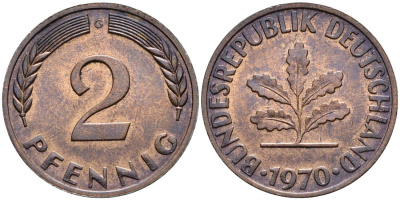 ФРГ 2 ПФЕННИГА 1970 G KM 106a, Jager 381a сталь плакированная сталь плакированная медьюю 4546-1013