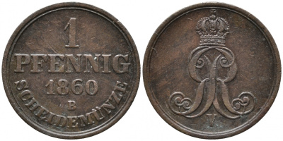 ГАННОВЕР 1 ПФЕННИГ 1860 В, ГЕОРГ V (1851-1866) KM 233 медь 4448-1034