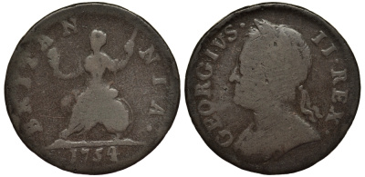 Великобритания 1 фартинг 1754 Георг II (1727-1760) KM 581.2, Spink 3722 медь 1529-335