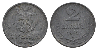 Сербия 2 динара 1942 год-тип KM 32 цинк 46-1834