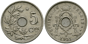 Бельгия 5 сантимов 1931 Belgie KM 67 медно-никель 4173-338