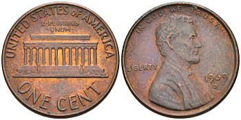 США 1 цент 1969 D, Линкольн KM 201 медь цинк 4564-454