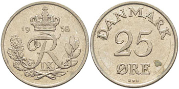 ДАНИЯ 25 ЭРЕ 1958 С; S, ФРЕДЕРИК IX (1947-1972) KM 842.2 медно-никель 67-1033