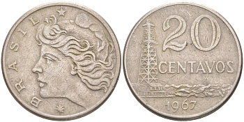 Бразилия 20 сентаво 1967 голова Свободы влево KM 579.1, Schon 84 медно-никель 219-826