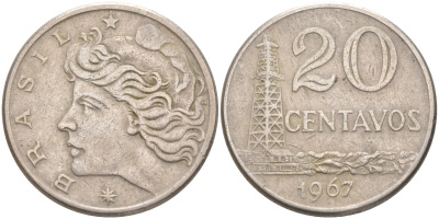Бразилия 20 сентаво 1967 голова Свободы влево KM 579.1, Schon 84 медно-никель 219-826