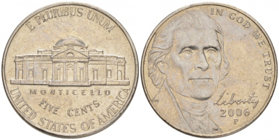 США 5 центов 2006 P, Джефферсон KM 381 медно-никель UNC M32-16