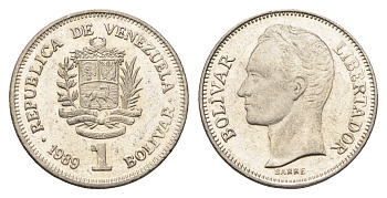 Венесуэла 1 боливар 1989 Симон Боливар, тонкий шрифт Y 52a.1 сталь плакированная никелем 4662-834