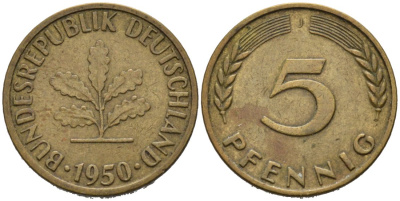 ФРГ 5 ПФЕННИГОВ 1950 J КМ 107, J. 382 сталь плакированная латунью 4567-544