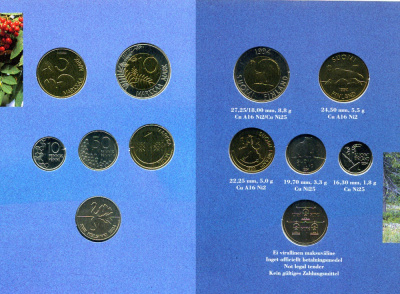 Финляндия госнабор из 5 монет плюс оригинальный жетон 1994 UNC 3-4-1-49