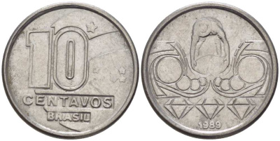 Бразилия 10 сентаво 1989 золотодобыча KM 613 нержавеющая сталь 112-1136