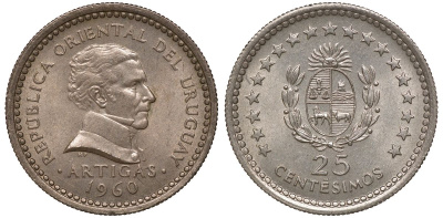 Уругвай 25 сентесимо 1960 KM 40 медно-никель 4169-1023