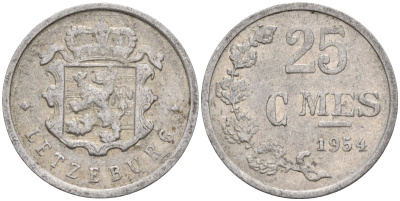 Люксембург 25 сантимов 1954 Герцог Жан (1964-1999) KM 45a алюминий 4596-839