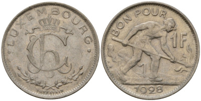 Люксембург 1 франк 1928 сталевар, Шарлотта (1918-1964) KM 35 никель 4603-1052
